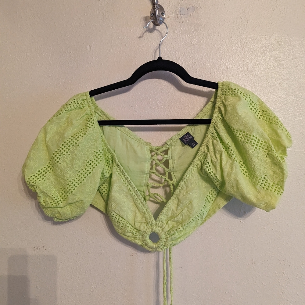 Chartreuse lime green lace up balloon sleeve crop top